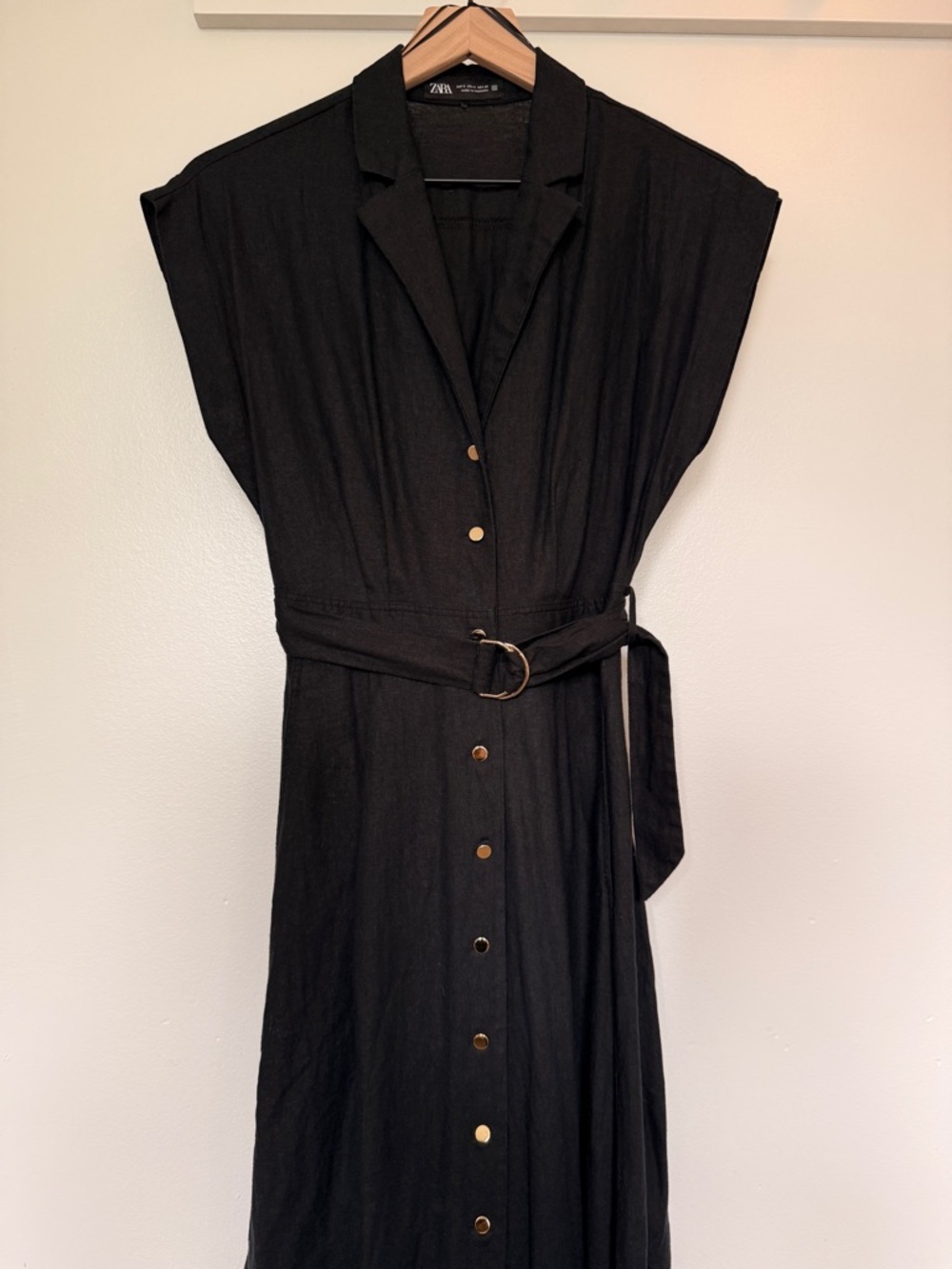 Zara Black Button-Front Belted Linen Maxi Dress with Gold Buttons - Size S - Picture 12 of 14
